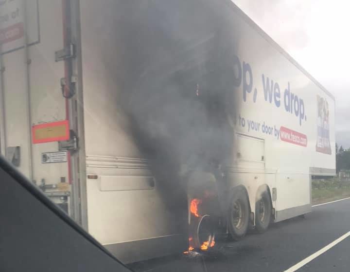 Tesco Lorry On Fire After Wheel Incinerates On Highland Road