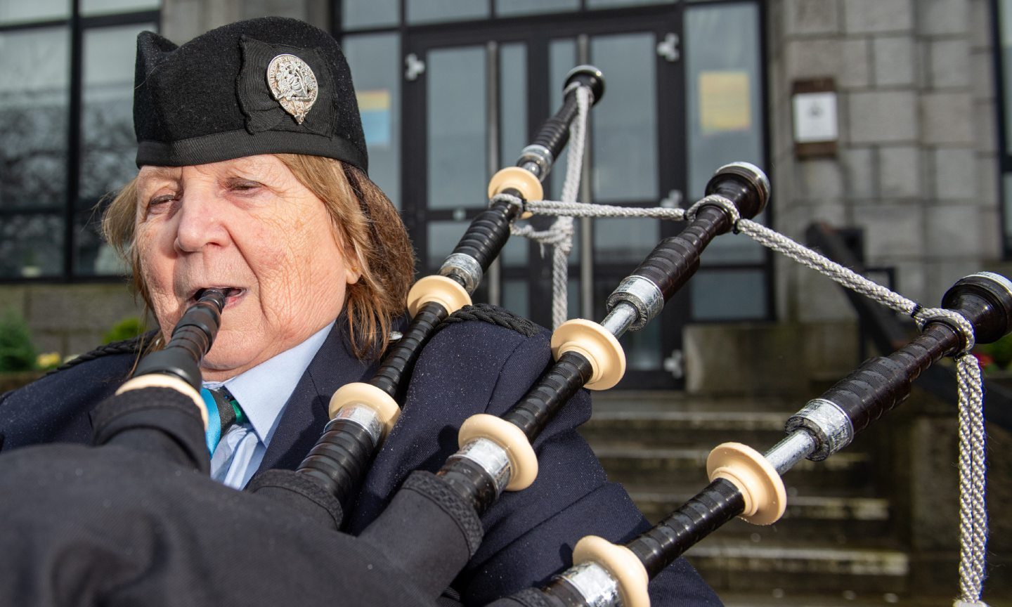 St Machar Academy teacher didn’t pick up the pipes until her 60s, but is playing for the King